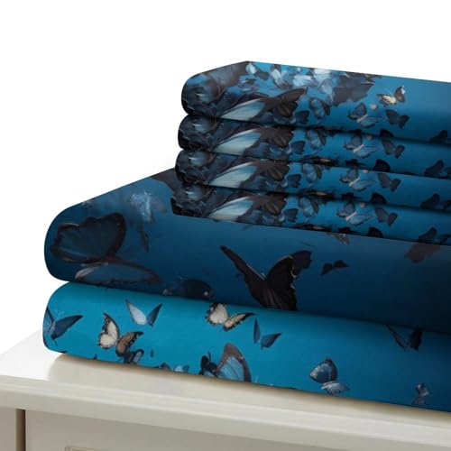 Parure de lit 260x220cm confort microfibre avec housse de couette imprimé papillon et fleurs