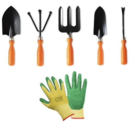 Image of Yo Green Gardening Hand Tools Set - 6 Pcs (Cultivator, Big and Small Trowel, Weeder, Fork) | Gardening Tools for Home Garden | Durable Plant Tool Kit | Farming Tools (5 Pc Tool + Gloves)
