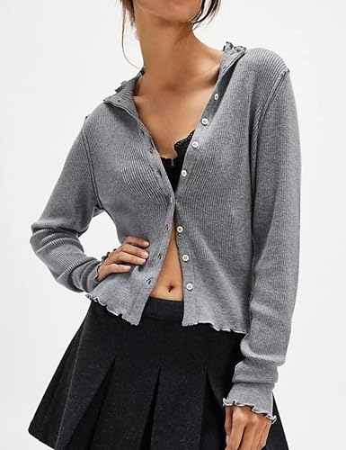 Image of InterNos Womens Slim Fit Cardigan Sweater Ruffle Collar Button Down Cardigans Sexy Solid Open Front Knit Top