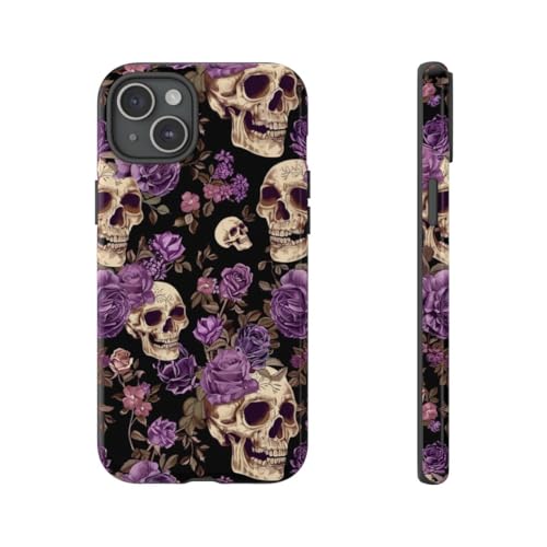 Motif roses violettes et crânes coque rigide brillante protection antichoc iPhone 15 Plus