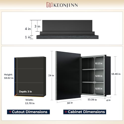 Keonjinn 16” x 24” Black Bathroom Medicine Cabinets with Mirror, Recessed or Surface Wall-Mounted Aluminum Alloy Metal Framed Beveled Mirror, Single Door Farmhouse Bathroom Mirror with Storage Cabinet - Thumbnail 3