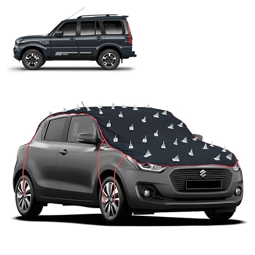 Image of Dog Protection Spike Car Cover for Scorpio Classic Bonnet to Roof Easy Installation with 4 Elastic Hook Strap | Anti-Scratch Soft Cotton Inner | Complete Protection from Street Dogs & Monkeys