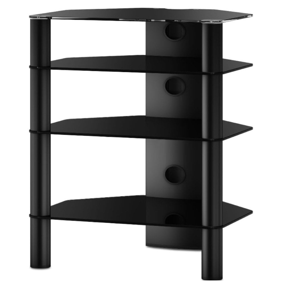 RO&CO Sonorous RX-2140-BLK Rack HiFi Premium Negro | Vidrio Templado Negro Brillante y Aluminio Negro | Mueble Audio para Amplificador, Tocadiscos y DAC | Sistema Ocultacables
