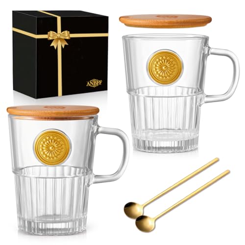 ANBFF Vintage Glass Coffee Mugs Set of 2, 15oz Embossed