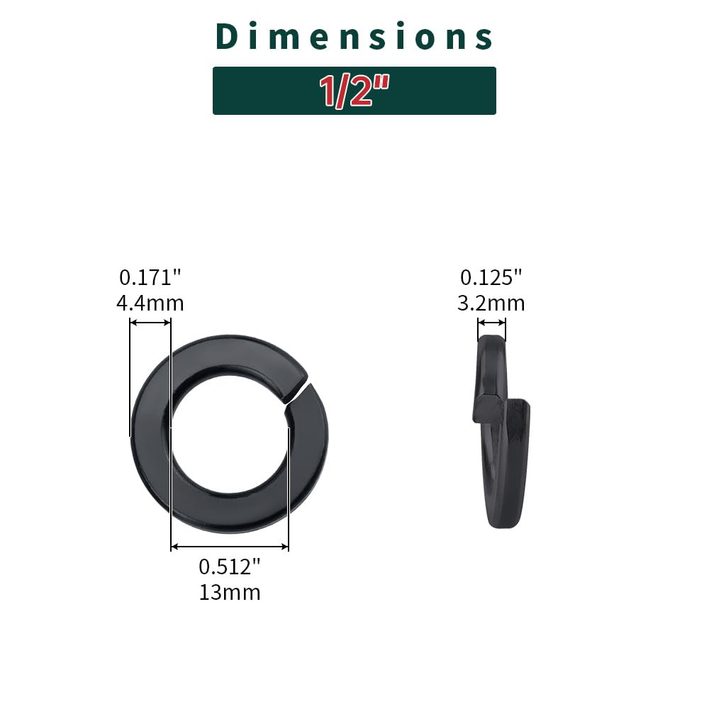 1/2 inch Black Stainless Steel Lock Washers (25 pcs), 304 Stainless Steel 18/8, Black Coated Finish, Fayeploo