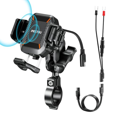 iMESTOU Wireless USB-C Mobile Phone Holder for Motorcycle, Vibration Dampening and Waterproof, 2.5 cm Ball Qi Mobile Phone Holder, Suitable for 4.7-7.2 with Max 15mm Thick Mobile Phones, Fits 22