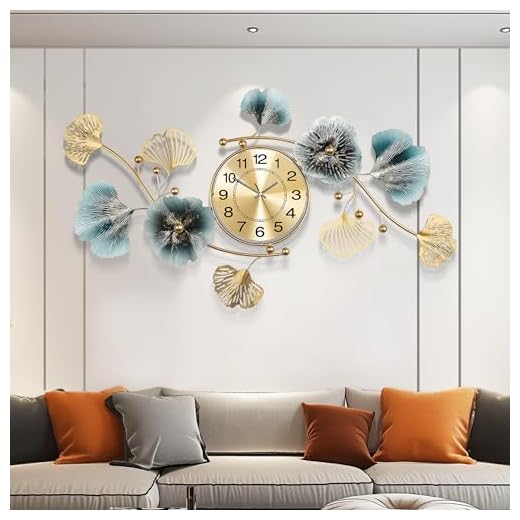 Wall Clocks for Living Room Decor,Large Wall Clock,3D Creative Metal Ginkgo Leaf Design,with Silent Movement Wall Clocks for Home Wall Decor Clock（33"x18"）
