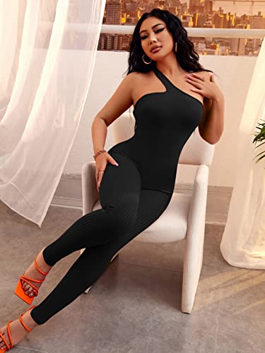 Makemechic Women's Lace Up One Shoulder Sleeveless Ribbed Knit Bodycon Jumpsuit Pants Romper Black Xs #TOP4