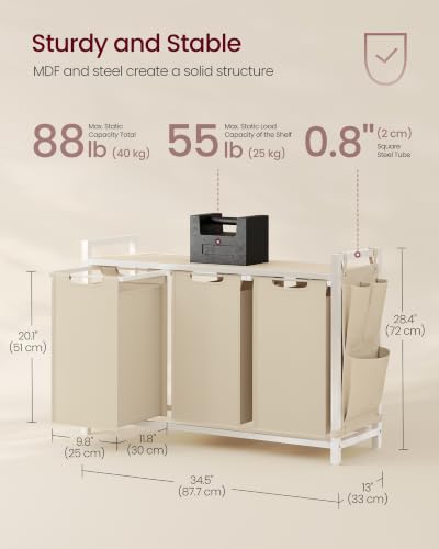 Image of VASAGLE Laundry Hamper with Shelf, 3 Pull-Out Bags, 3 x 10.6 Gallons (40 L)
