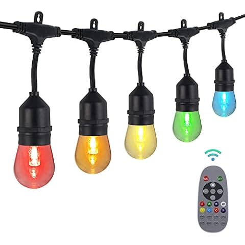 HBN 48ft Outdoor String Lights RGBW-Remote Controlled Outside String Lights Multicolor, 15 LED Bulbs Shatterproof & Dimmable, IP65 Waterproof & Extendable, Remote Included, 80 Lumens-Patio/Café Cover