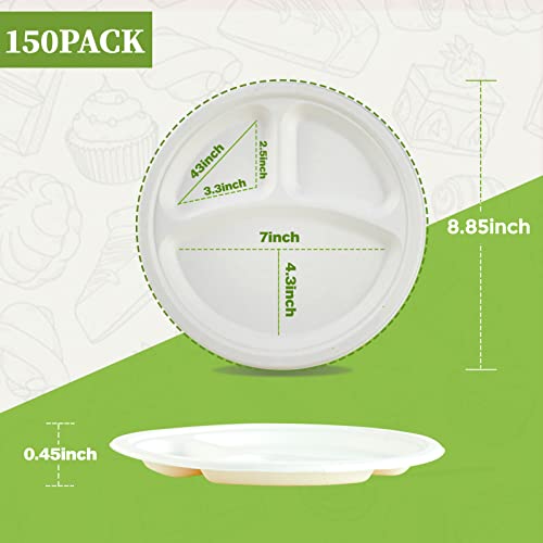 Ecolipak 150 Pack Compostable 3 Compartment Plates, Heavy-Duty Disposable Biodegradable Paper Plates, 8.85 Inch Eco-Friendly Sugarcane Bagasse Plates For Party Dinner #TOP4
