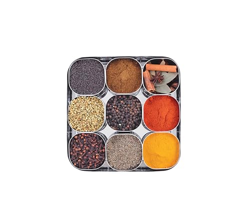 Image of Tosaa Stainless Steel Plain Masala (Spice) Box /Dabba /Organiser With See Through Lid With 9 Containers (14)
