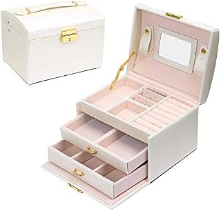 E-MANIS Jewellery Box, 3 Layers PU leather jewelry storage box with mirror and lock, Drawer type, For storing rings, bracelets, earrings, necklaces, Synthetic leather and velvet, Female gift - White