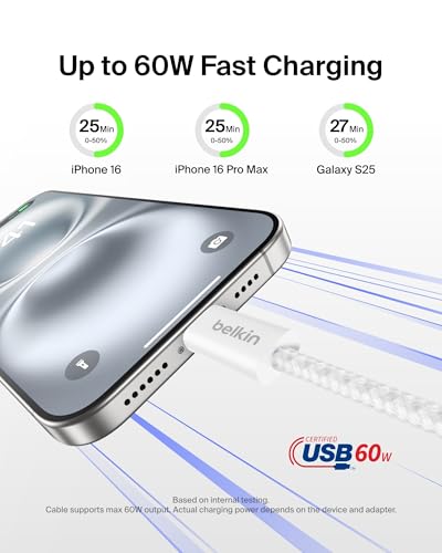 Image of Belkin USB C to USB C 60W Braided Cable 6.6ft iPhone Charger Cord
