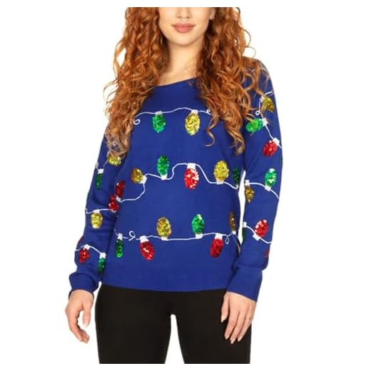 Tipsy Elves Sequined Ugly Christmas Sweater for Women Christmas Lights Cute Lady's Holiday Decorations Blue Pullover Size Large