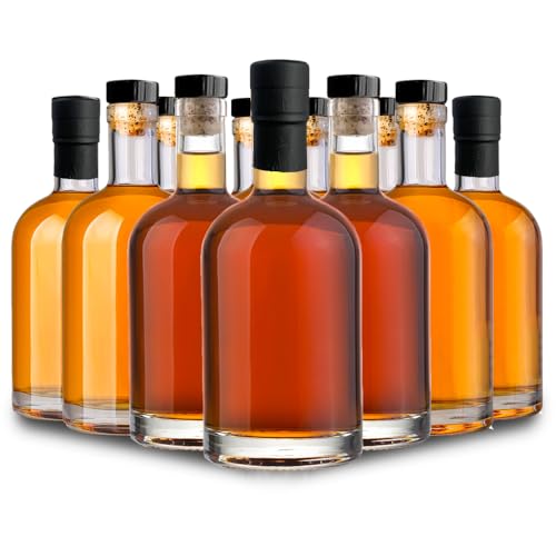 Danmu Art 12 x 375ml Glass Bottles with Cork Stopper Lids for Gin Liqueur Spirits Glass Container - Transparent Thick Glass,Black Lids (12)
