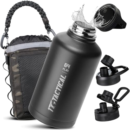 1TG 64 oz Water Bottle with Straw - Half Gallon Insulated Stainless Steel Water Jug, LeakProof Tactical Sport Metal Bottle with Carrying Bag, 3 BPA-Free Lids - Ideal for Men for Outdoor Sports Camping