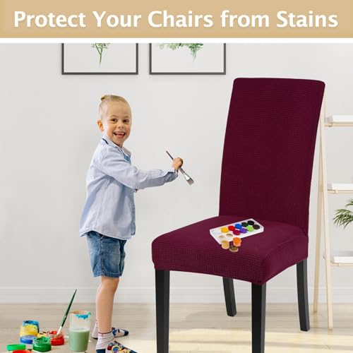 Image of SearchI Chair Covers for Dining Room Set of 6, Stretch Jacquard Kitchen Parsons Chair Covers,Washable Spandex Dining Chair Slipcovers Seat Protector for Hotel,Banquet,Ceremony(Wine Red)