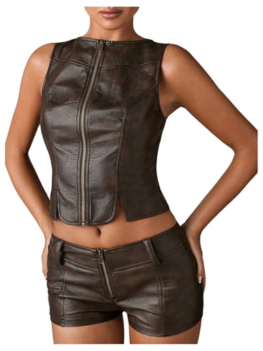 Floerns Women's Sleeveless Zip Up Vest Jacket Split Hem Western Crop Coat Outerwear
