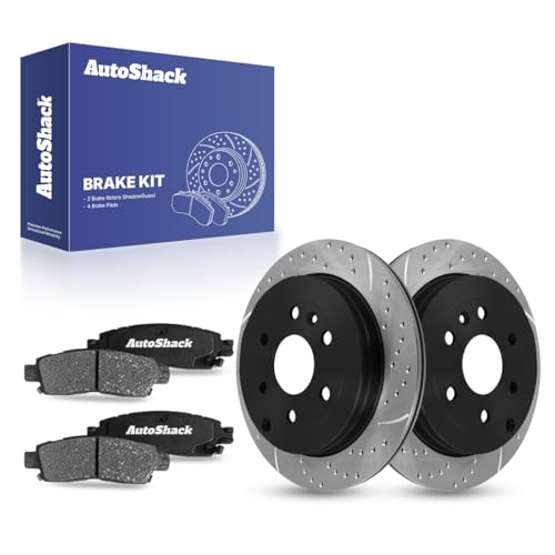 AutoShack Rear Drilled & Slotted Brake Rotors Ceramic Brake Pads | Replacement for Chevrolet Traverse GMC Acadia Limited Buick Enclave Saturn Outlook | E-Coated | 6-PC Brake Kit | ShadowGuard