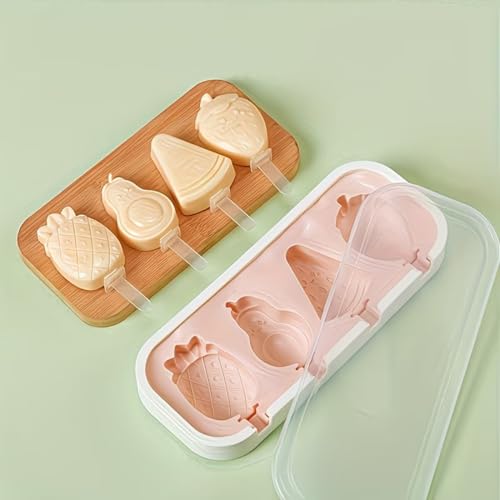 Image of 4 Fruit Shape Cavity Non-Stick Silicone Ice Cream Mould with Lid & 6 Plastic Sticks Reusable Ice Lolly, Frozen Candy, Kulfi Molds, BPA-Free Stackable DIY Icecream Popsicle Maker (Multicolor)