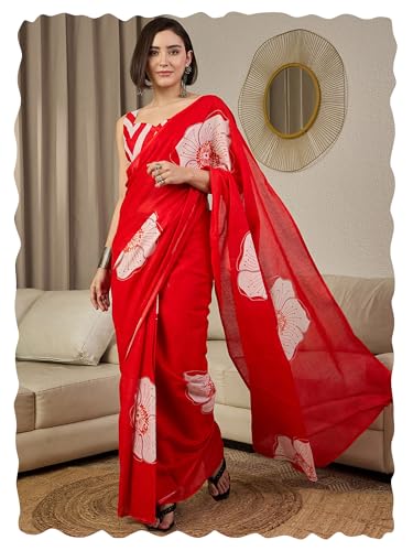 Image of AKHILAM Women's Cotton Printed Ready To Wear Saree With Unstitched Blouse Piece