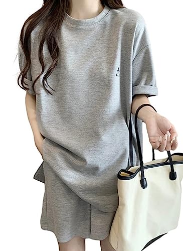[1/2style] トレーナー 上下 セット アップ スーツ ワン マイル 短パン パンツ 半袖 tシャツ ルーム ウエア レディース (ライトグレー、M)
