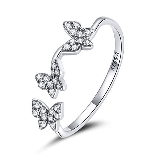 Dainty Butterfly Open Statement Rings S925 Sterling Silver Cubic Zirconia For Women Girls Bff Adjustable Stacking Finger Band Cute Animal Ring Engagement Valentine's Day Jewelry Gift #TOP8