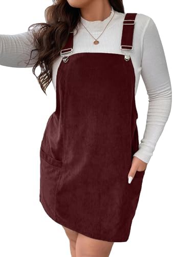 WDIRARA Women's Plus Size Corduroy Sleeveless Short Pinafore Overall Dress with Pocket Burgundy 2XL