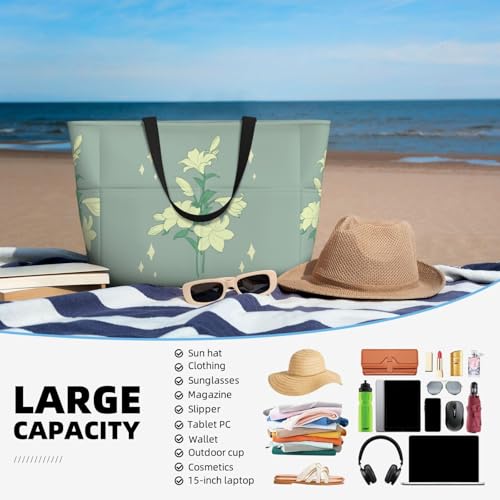 Cartoon white lilies Printed beach travel bag, perfect for shopping bags, swimming pools, gyms, travel shopping, large capacity beach bag with zipper,4