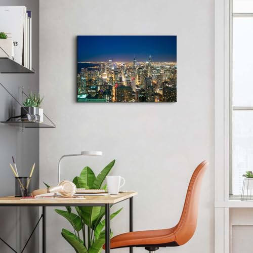 Image of Chicago Canvas Wall Art City Skyline Picture Wall Decor Dusk Cityscape Poster Modern USA Landscape Painting Skyscraper Buildings Photo Prints Artwork for Living Room Home Office Decorations 16x24 inch