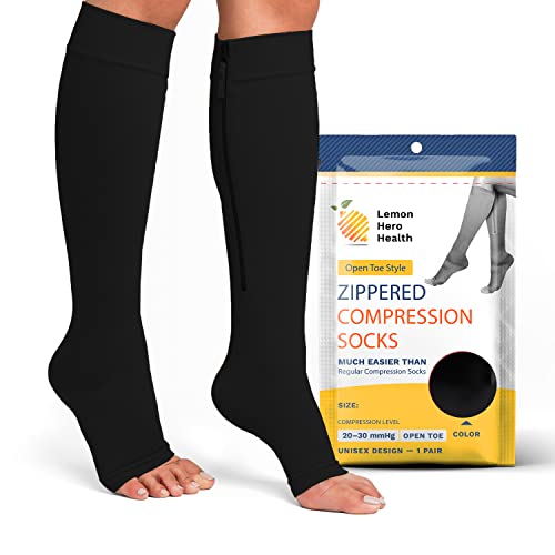 Zipper Compression Socks 20-30mmHg Open Toe with Zip Guard Skin Protection - Medical Zippered Compression Socks for Men & Women - 5XL Short, Black