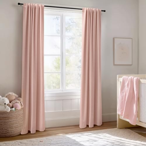 Image of 100% Blackout Shield Linen Blackout Curtains for Bedroom 90 Inches Long, Back Tab /Rod Pocket Living Room Drapes, Thermal Insulated Blackout Curtains 2 Panels Set, 42 inch W x 90 inch L, Blush Pink
