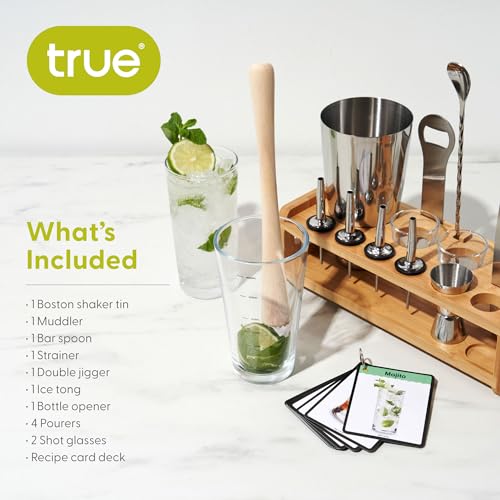 image for True Ultimate 14 Piece Barware Set with Wooden Stand, Bar Tools and Mi