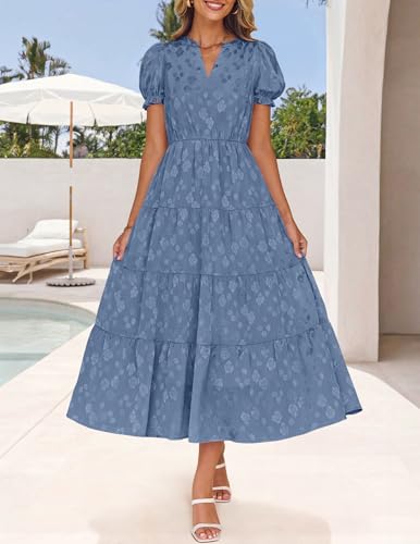 Image of ZESICA Womens Summer Floral Flowy Midi Dress 2026 Puff Short Sleeve V Neck Ruffle Tiered Beach Vacation Party Dresses