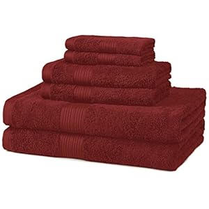 Amazon Basics – 6 Piece Fade Resistant Oversize Bath Towel, Hand and Washcloth Set, 100% Cotton, Crimson