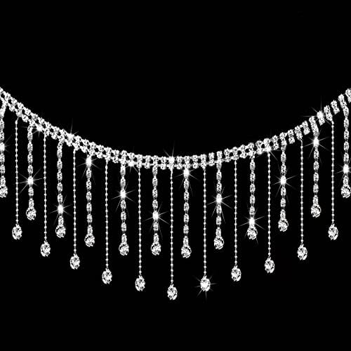 Jmzothie Rhinestone Ribbon Tassel Chain -Rhinestone Fringe Trim- Clear Crystal Rhinestone Cup Chain- Silver Crystal Rhinestone Chain Trim for Wedding Party Necklace DIY Decoration （1 Yard 36in)