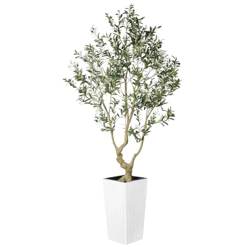 LYERSE Olive Tree 7 Feet - Olive Trees Artificial Indoor with White Tall and Large Planter - Faux Olive Tree 7ft with Natural Wood Trunk and Lifelike Fruits for Home House Office Decor
