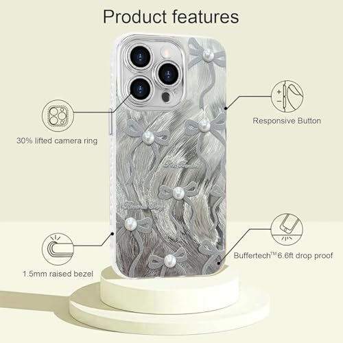 Image of VONZEE Compatible with iPhone 16 Pro 6.3'' Case Luxury Pink Girly Cute 3D Bow Pearl Glitter Bling Case with Full Camera Protection Shockproof PC+TPU Glossy Shiny Cover for Girls Women, Grey
