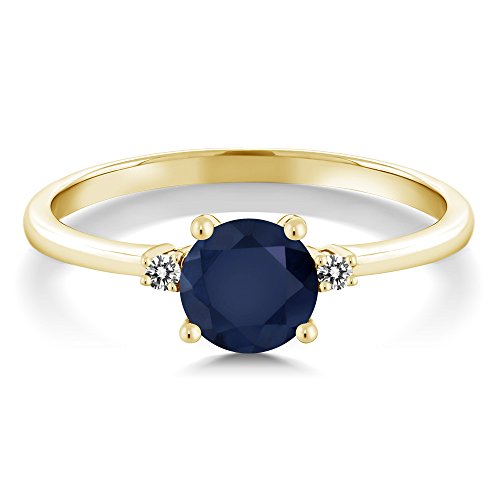 Gem Stone King 10K Yellow Gold Blue Sapphire and White Diamond Solitaire Engagement Ring For Women (1.03 Cttw, Round 6MM, Gemstone September Birthstone, Available in Size 5,6,7,8,9)2