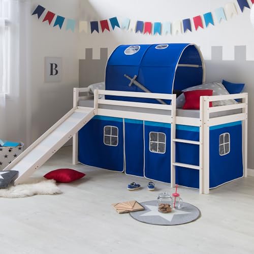 Homestyle4u 2566, Kinderhochbett Weiß 90 x 200 cm Holz Kiefer Blau Hochbett mit Rutsche Vorhang Leiter Tunnel Lattenrost Homestyle4u 2566, Kinderhochbett Weiß 90 x 200 cm Holz Kiefer Blau Hochbett mit Rutsche Vorhang Leiter Tunnel Lattenrost