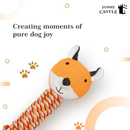 Image of Knitted Fox Handle with Rope Dog Toy 100% Polyester, Cotton Cord with Squeakers- Orange