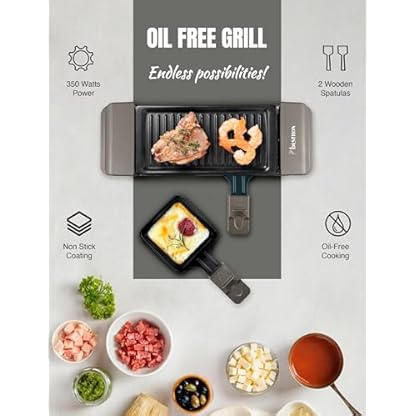 Bestron Raclette für 1 bis 2 Personen, Mini Tischgrill mit zwei Pfännchen, zwei Holzschabern & zwei Untersetzern, 350 Watt, Farbe: Titangrau – Bild 5