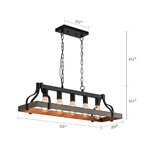 Rustic Kitchen Island Dining Room Light Fixture Farmhouse Linear Chandelier Black and Retro Wood Finish 5 Light Industrial Metal Hanging Pendant Light UL Listed L335 W106