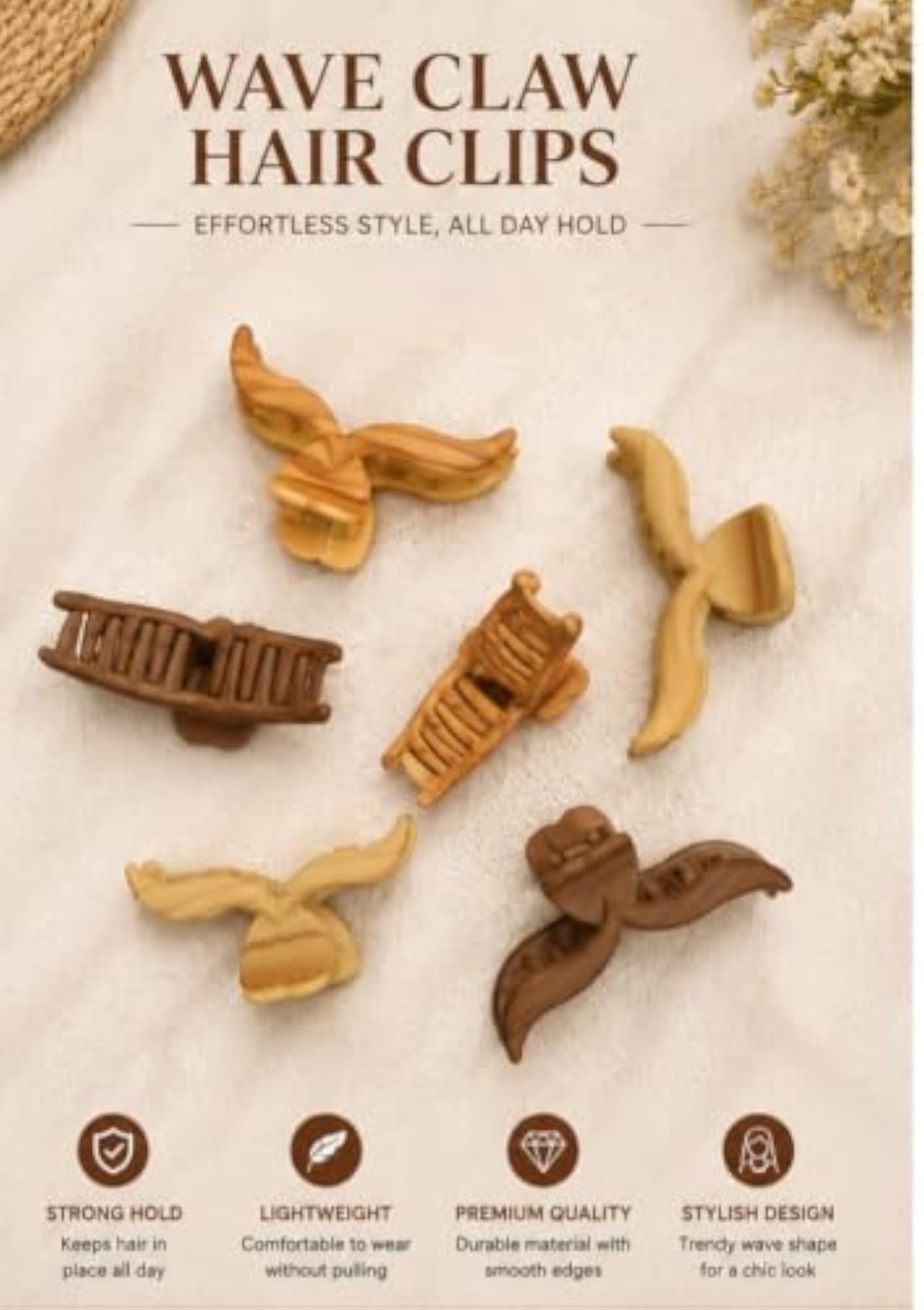 Hair Claw Clips Set of 4, Wood-Tone Mixed Styles