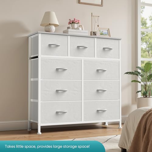 Image of OLIXIS 9 Drawer Dresser for Bedroom, Closet Organizers and Storage, White | Tall Fabric Dresser with Wooden Top, Chest of Drawers for Clothes Storage, Tower Cabinet, Bedroom Furniture, TV Stand