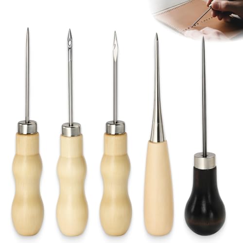 5 pièces alènes pour cuir avec manche en bois, alène pour couture, ensemble d'aiguilles pour percer, poinçonner, travaux manuels DIY, réparation du cuir et des chaussures