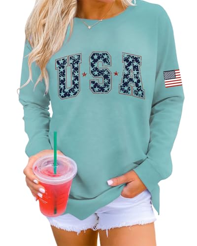 Image of Dressmine Womens USA Shirt Casual Long Sleeve Graphic Tees Knit Crew Neck Sweatshirts Loose Pullover