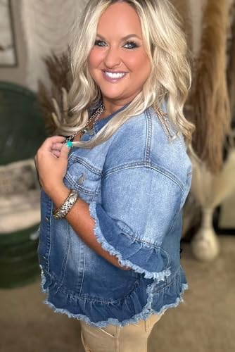 Women's Plus Size Peacock Blue Ruffled Frayed Short Sleeve Denim Jacket3
