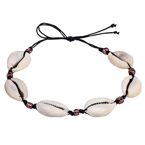 BlueRica Black Cord Cowrie Shell Anklet Bracelet with Light Brown Accent Beads